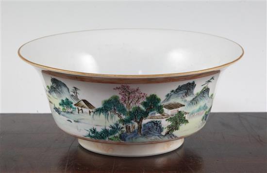 A Chinese famille rose landscape bowl, Qianlong seal mark, 19th century, diam. 19.5cm